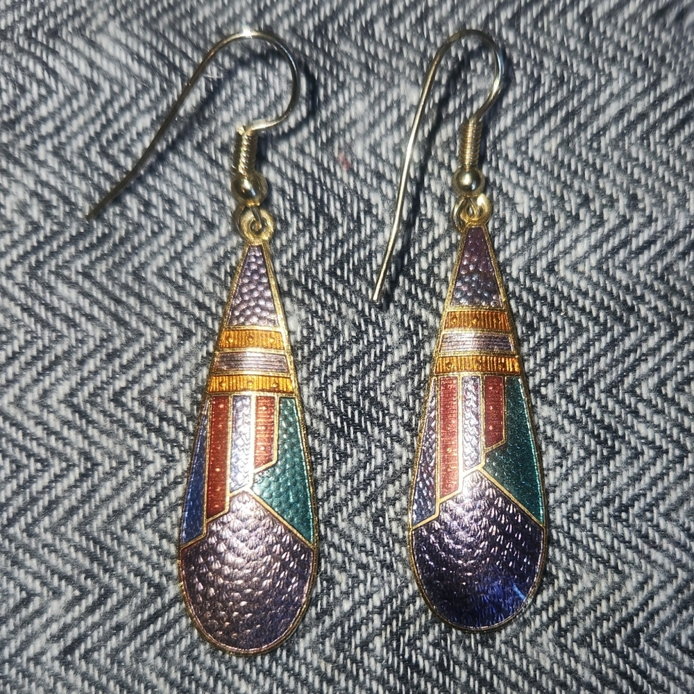 Vintage Geometric Enamel Tear Drop Earrings